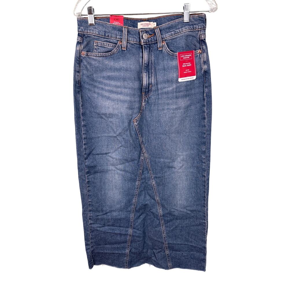 Levi Strauss Denim Maxi Skirt Women's Distressed‎ Slit Mid Rise Comfort Stretch